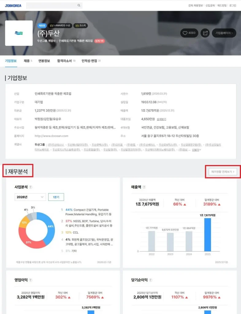 잡코리아-기업정보-재무분석