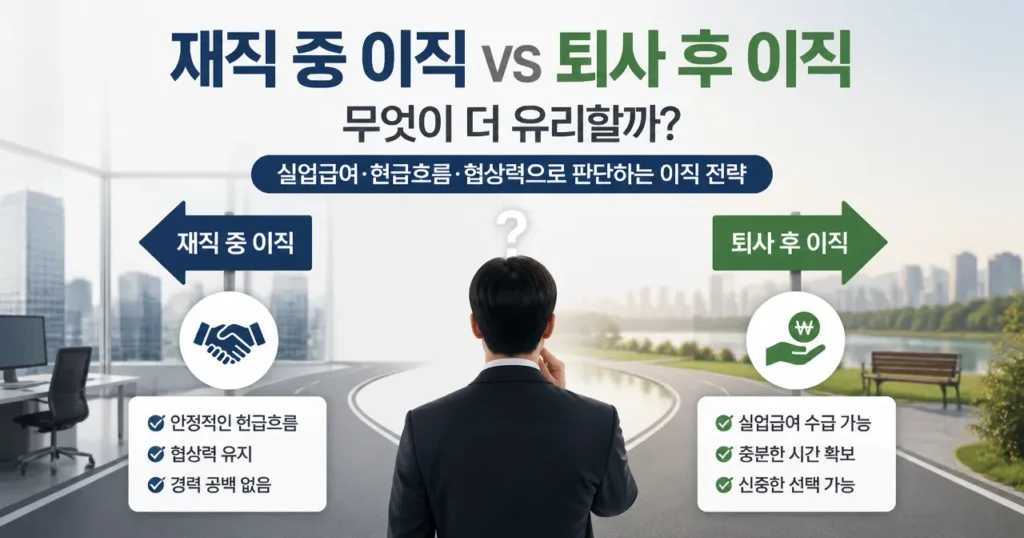 재직 중 이직 vs 퇴사 후 이직, 무엇이 더 유리할까? 실업급여·현금흐름·협상력으로 판단하는 이직 전략